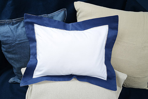 Hemstitch Baby Pillow 12x16" with Navy Blue border - Click Image to Close